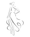 Girl in a dress. Linear outlines of a female figure in a dress. Silhouette of a model in clothes. Linear art of a