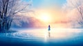 a girl in a dress skates on the ice of a winter frozen lake Royalty Free Stock Photo