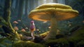 Enchanted forest. little girl standing under the glowing mushroom, Fantasy, nature, fairy tale