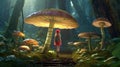 Girl in dress walking in fantasy fairy tale elf forest. mysterious fir tree and mushrooms in magical