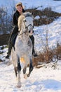 Girl on dressage horse in winter Royalty Free Stock Photo