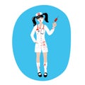 Girl dressed as a bloody nurse for halloween carnival party. A hat with a cross, a robe and a mask stained with blood. Syringe Royalty Free Stock Photo