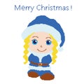 Girl dressed as Santa Claus, a New Year`s blue suit, painted with squares, pixels. Greeting card Merry Christmas. Vector illustrat