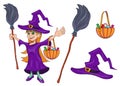 Girl Dressed as a Witch Costume for Halloween. Little Witch Collecting Candy. Halloween Holiday. Signs and Attributes of a Witch,