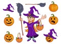 Girl Dressed as a Witch Costume for Halloween. Little Witch Collecting Candy. Halloween Holiday. Signs and Attributes of a Witch,