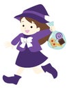 A girl dressed as a witch and receiving sweets. Halloween illustration