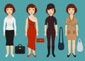 Girl dressed in different outfits. Cartoon fashion women in colorful clothes. Vector illustration Royalty Free Stock Photo