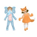 Baby girl in fox costume and a Boy child in a suit with an elephant mask. Vector character design