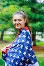 Girl dressed in USA flag Unrecognizable american patriot, national event celebration, pride, usa citizen concept