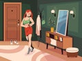 Girl dressing clothes mirror. Pretty young woman character at home, skirt fitting, room interior, cloth change
