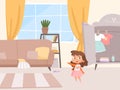 Girl dressing. Little baby in room interior, wardrobe and sofa. Independent child changes clothes vector illustration