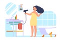 Girl dries hair with hair dryer in front of mirror. Bathroom interior. Home beauty procedure after bathing. Woman making