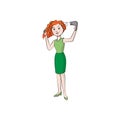 Girl dries hair with a hairdryer. Vector color