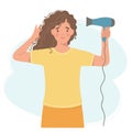 Girl dries her hair with a hair dryer. Vector illustration of a beautiful curly-haired girl with a hair dryer Royalty Free Stock Photo