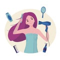 The girl dries her hair with a hair dryer. The concept of cleanliness, freshness and self-care. Daily routine. Royalty Free Stock Photo