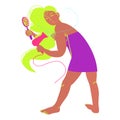The girl dries her hair with a hairdryer. Beauty, care, hygiene concept clipart. Vector. Flat style