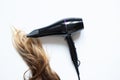 The girl dries her hair with a hairdryer on a white background, hair dryer and hair Royalty Free Stock Photo