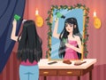 Girl dries long dark hair in mirror front. Young woman takes herself care, hairstyling process, beauty treatments, women Royalty Free Stock Photo