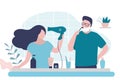 Girl dries wet hair with hairdryer. Man shaves stubble with razor and shaving foam. Couple doing morning routine together