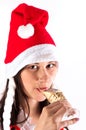 Girl drinking champagne in Christmas custome Royalty Free Stock Photo