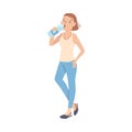 Girl Drinking Clean Water from Plastic Bottle, Person Quenching Thirst Cartoon Style Vector Illustration Royalty Free Stock Photo