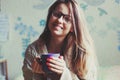 Girl drinking coffee in bed Royalty Free Stock Photo