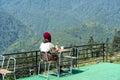 A girl drinking coffee in the morning in the mountains Royalty Free Stock Photo