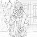 Girl drinking coffee in the park in winter.Coloring book antistress for children and adults