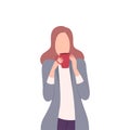 Girl Drinking Coffee or Tea, Businesswoman Character Holding Mug of Hot Drink Flat Vector Illustration Royalty Free Stock Photo