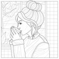 Girl drinking coffee by the window.Coloring book antistress for children and adults.