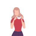 Girl Drinking Coffee, Young Blonde Woman Character Holding Cup and Enjoying of Hot Drink Flat Vector Illustration Royalty Free Stock Photo