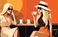 Two girl drinking coffee. Young stylish girl sitting in cafe. Vector flat illustration in the style of the seventies