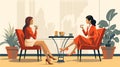 Two girl drinking coffee. Young stylish girl sitting in cafe. Vector flat illustration in the style of the seventies