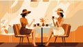 Two girl drinking coffee. Young stylish girl sitting in cafe. Vector flat illustration in the style of the seventies