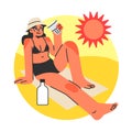Girl drinking water at beach. Young female character wearing a bikini