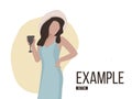 Girl drinking wine flat consept. Casual weekend illustration. Beautiful woman with glass of wine joy clipart. Happ