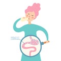 Girl drinking yogurt with probiotics bacteria in the gut. Probiotic through magnifying glass in flat style