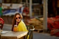 Girl drinking Orange juice Royalty Free Stock Photo