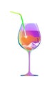 The girl drinks through a straw from a violet glass of wine or a liqueur. Cartoon character and drink isolated of white background