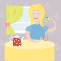 Girl drinks tea. Vector illustration