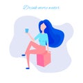 A girl drinks water through a straw. Rest at the resort. Beautiful dynamic girl with water. Young woman drinking water. The girl i Royalty Free Stock Photo