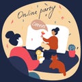 Girl drinks wine at online party. Network celebration, friends virtual meeting, video conference. Remote Network Communication.