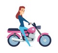 Girl driver. Cute woman on motorcycle. Isolated cartoon female rides motorbike vector illustration Royalty Free Stock Photo