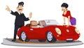 Girl driver swears with policeman. Luxury auto. Illustration for internet and mobile website