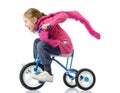 Girl drives a bicycle on white background