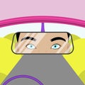 Girl driving, beautiful eyes in the rearview mirror.. flat vector illustration Royalty Free Stock Photo