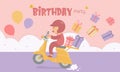 The girl is driving a scooter to a birthday party with cupcakes and balloons of many colors Royalty Free Stock Photo