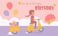 The girl is driving a scooter to a birthday party with a gift box and balloons. Royalty Free Stock Photo