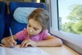 Girl drows on magazine cover, sitting in train Royalty Free Stock Photo