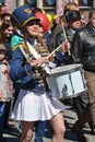 The girl the drummer with a drum at demonstration on May 9, 2016 in Tyumen, Russia.